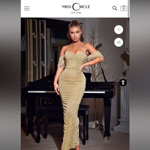 Miss Circle Gene Gold Ruched Off Shoulder Chiffon Dress